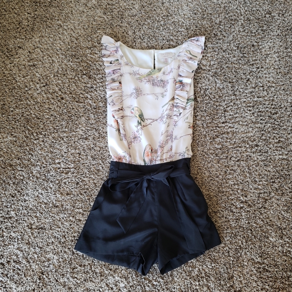 TED BAKER Cream & Black Bird Floral Romper Size 1